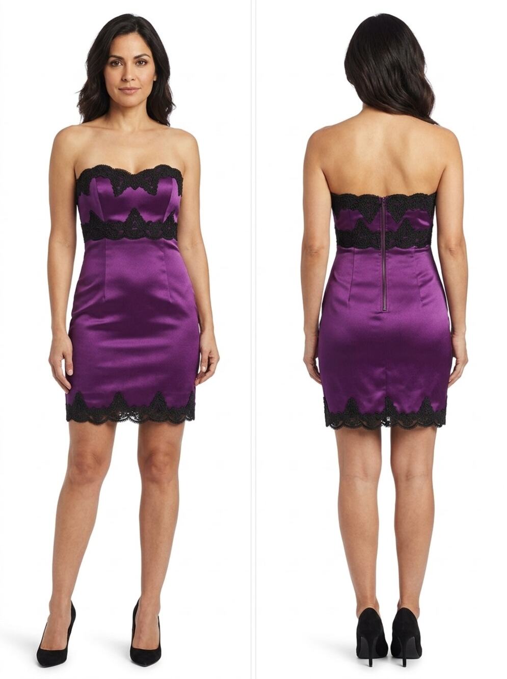 bebe Purple Satin Strapless Lace Sweetheart Bodycon Mini Dress Women Size 0